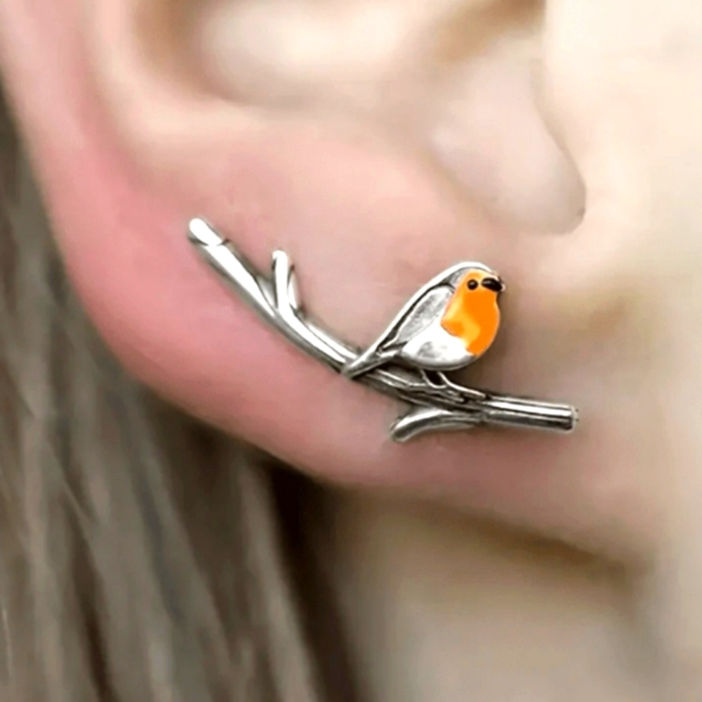 NEW!! Silver Plated Bird Branch Enamel Orange Small Stud Earring